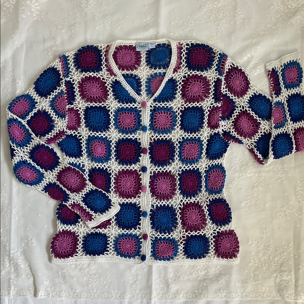 Classic Crochet Cardigan Sweater - Blue, Purple, White By Haband